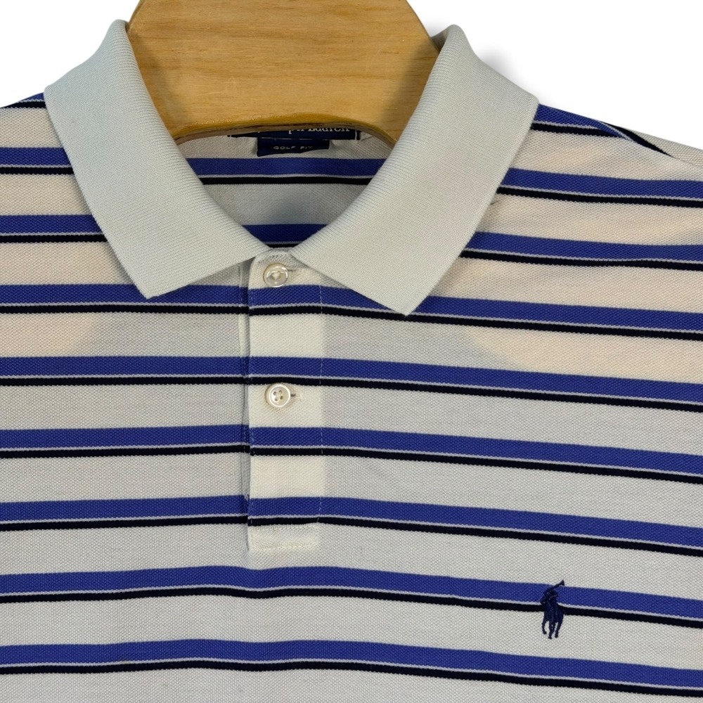 Polo Ralph Lauren Polo Shirt Men XL White Blue Striped Pima Cotton Golf Fit Pony